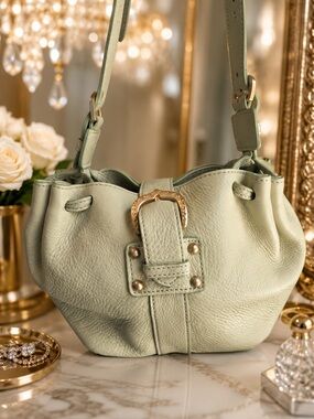 Dooney & Bourke Sage Green Leather Shoulder Bag with Gold Buckle